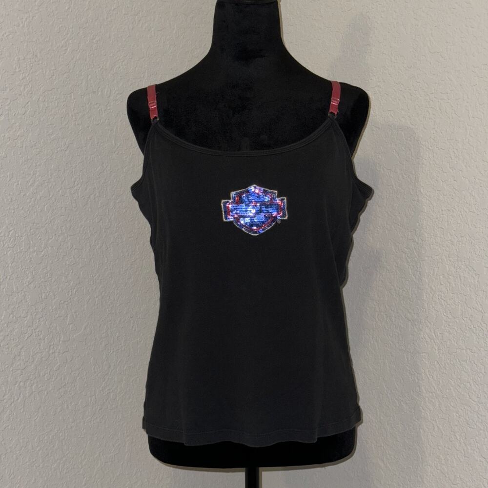 Harley-Davidson Tank Top Women XL Black Sequin Logo Y2K Red Straps Sturgis, MI